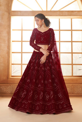TRIVORA Embroidered Semi Stitched Lehenga Choli(Maroon)