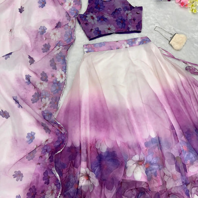 PuriMaa Floral Print Semi Stitched Lehenga Choli(Purple)