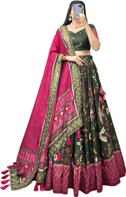 JesoriSaree Floral Print Semi Stitched Lehenga Choli(Green)