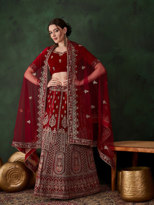 HERE&NOW Embroidered Semi Stitched Lehenga Choli(Maroon)