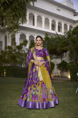 KRISHU ETHNICS Floral Print Semi Stitched Lehenga Choli(Yellow)