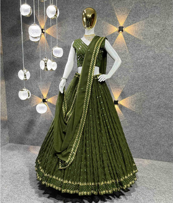 ICEQUBEFAB Embellished Semi Stitched Lehenga Choli(Green)