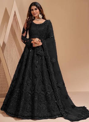 Cute Fellow Embroidered Semi Stitched Lehenga Choli(Black)