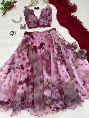 PuriMaa Floral Print Semi Stitched Lehenga Choli(Maroon)