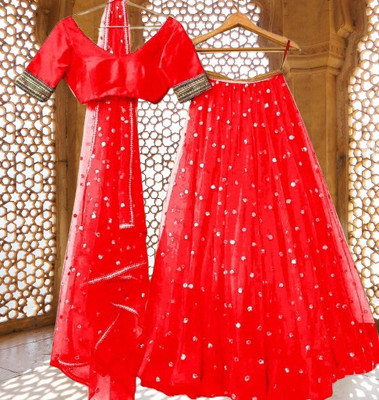 Rise On Fab Self Design Semi Stitched Lehenga Choli(Red)
