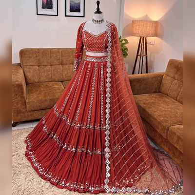 VATAGAMFAB Embellished Semi Stitched Lehenga Choli(Red)