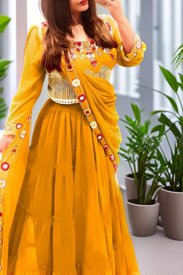 Anjani Textile Embroidered Semi Stitched Lehenga & Crop Top(Yellow)