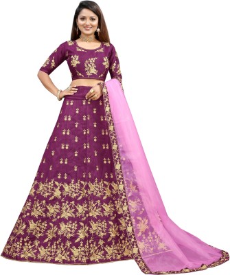 A To Z Cart Embroidered Semi Stitched Lehenga Choli(Purple)