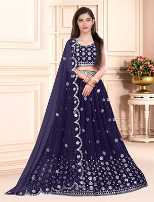 Trust Win Textile Embroidered Semi Stitched Lehenga Choli(Dark Blue)
