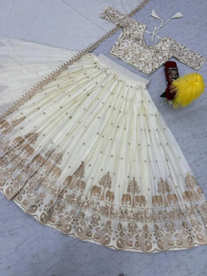 Ethnicset Embroidered Semi Stitched Lehenga Choli(White)