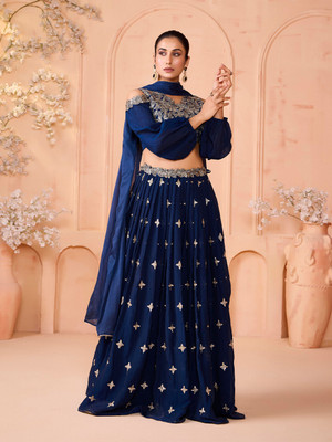 Madhuram Embroidered Stitched Lehenga & Crop Top(Dark Blue)