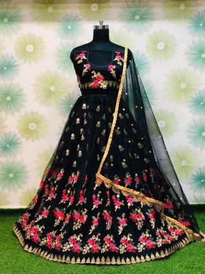 RENCY CREATION Embroidered Semi Stitched Lehenga Choli(Black)