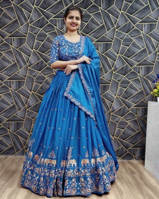 R K ENTERPRISE Embroidered Semi Stitched Lehenga Choli(Blue)