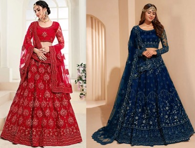 Udbhav Export Embroidered Semi Stitched Lehenga Choli(Red, Dark Blue)