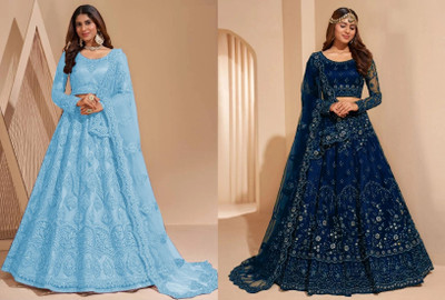 Cute Fellow Embroidered Semi Stitched Lehenga Choli(Light Blue, Dark Blue)
