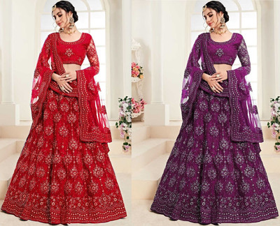 Reelove Factory Embroidered Semi Stitched Lehenga Choli(Red, Purple)