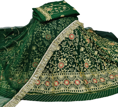 MANTUSHTI Embroidered Semi Stitched Rajasthani Poshak(Dark Green)