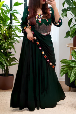 Hemlata Embroidered Semi Stitched Lehenga & Crop Top(Green)
