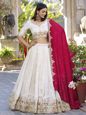 Trijal Fab Embroidered Semi Stitched Lehenga Choli(White, Red)