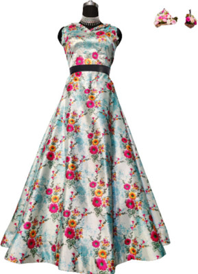 kaizen texo fab Printed Semi Stitched Lehenga & Crop Top(Blue)