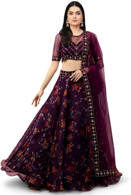 Kedar Fab Floral Print Semi Stitched Lehenga Choli(Purple)