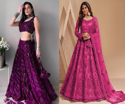 Udbhav Export Embroidered Semi Stitched Lehenga Choli(Purple, Pink)