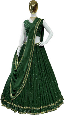 NITUFAB Embroidered Semi Stitched Lehenga Choli(Dark Green)