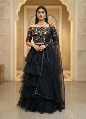 Payu Self Design Semi Stitched Lehenga Choli(Black)
