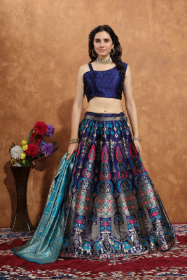 KV Fashion Printed Semi Stitched Lehenga Choli(Dark Blue)