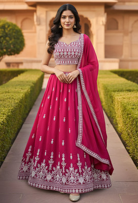Kedar Fab Embroidered Semi Stitched Lehenga Choli(Pink)