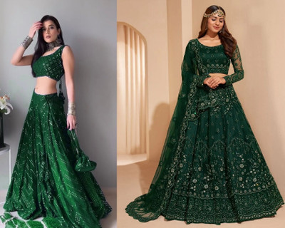 Cute Fellow Embroidered Semi Stitched Lehenga Choli(Green, Green)