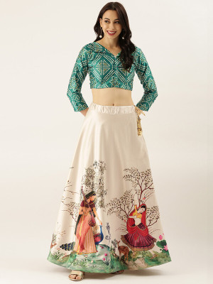 Kaizen Internatioanal Digital Print Semi Stitched Lehenga & Crop Top(Multicolor)