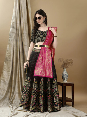 LehengaTRENDZ Printed Semi Stitched Lehenga Choli(Black)