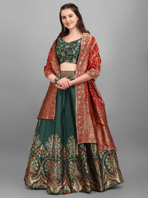 PURVAJA Printed Semi Stitched Lehenga Choli(Dark Green)