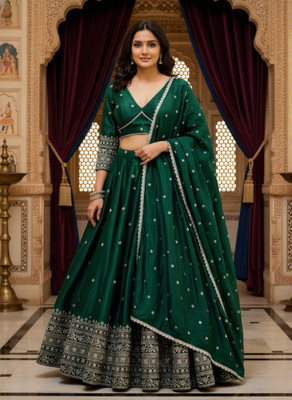 Crissy Embroidered Semi Stitched Lehenga Choli(Green)