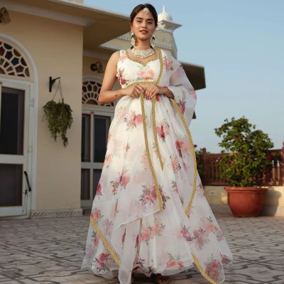 Kedar Fab Printed Semi Stitched Lehenga Choli(White)