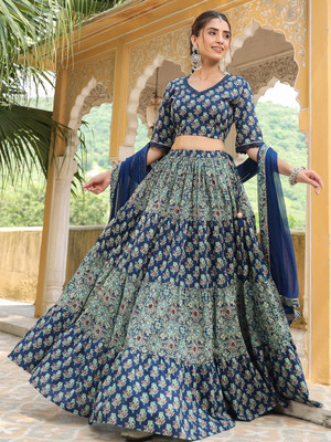 Janasya Printed Stitched Lehenga Choli(Blue)