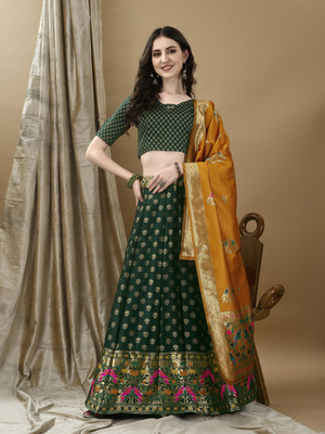 jivuba Self Design Semi Stitched Lehenga Choli(Dark Green)