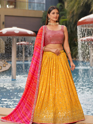 odette Embroidered Semi Stitched Lehenga Choli(Yellow)