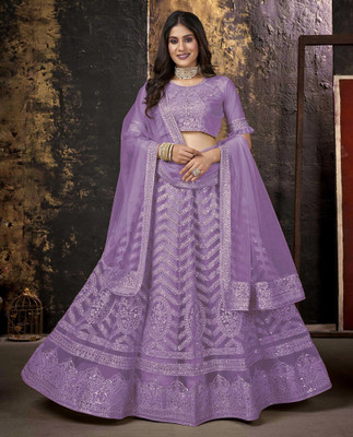Cute Fellow Embroidered Semi Stitched Lehenga Choli(Purple)