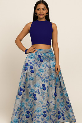 Rise On Fab Floral Print Semi Stitched Lehenga & Crop Top(Blue)