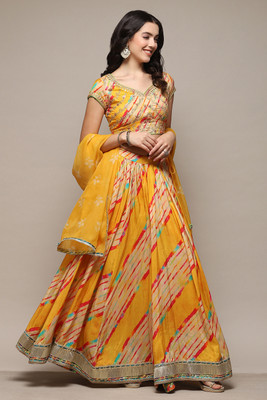 BIBA Printed Stitched Lehenga & Crop Top(Yellow)