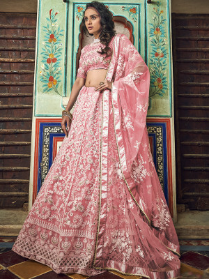 odette Embroidered Semi Stitched Lehenga Choli(Pink)