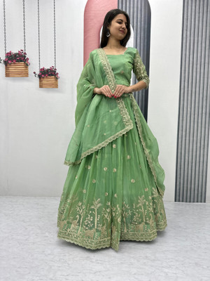KRISHU ETHNICS Embroidered Semi Stitched Lehenga Choli(Green)