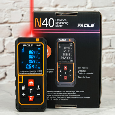 FACILE Laser Distance Meter N-40 Digital Distance meter Tape Range 40 MTR N40 BLACK Non-magnetic Line Level(11.6 cm)