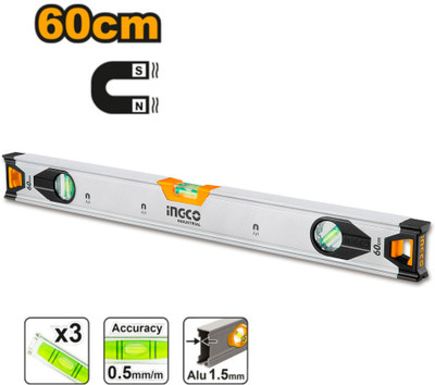 INGCO Spirit Level with 3 Pcs powerful Magnet Double Side Milled Magnetic Inclinometer Level(60 cm)