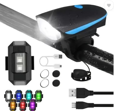 Rebound Cycle Headlight, Horn With Taillight, Both USB Chargeable Waterproof (Combo) LED Front Rear Light Combo(Multicolor)