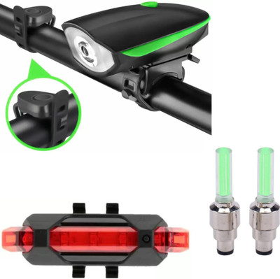 Rebound Cycle Front Light with Horn and Tail Light and LED Tyre Valve Lights LED Front Rear Light Combo(Green)