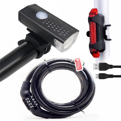 DSTECHBAR Cycle Headlight with Tail Light & Digit Lock, USB Chargeable Light Waterproof LED Front Rear Light Combo(Black)