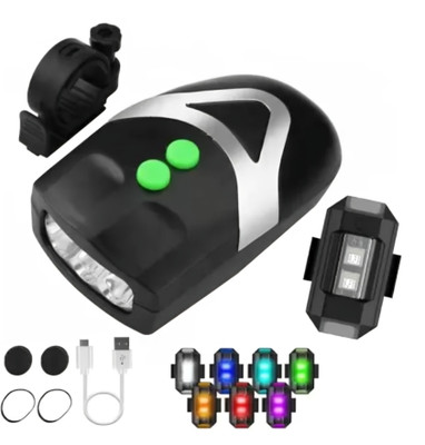 HAPPYRIDER Bicycle 3 LED Headlight, Horn Hooter with Universal Safety Small Light (Combo) LED Front Rear Light Combo(Black)
